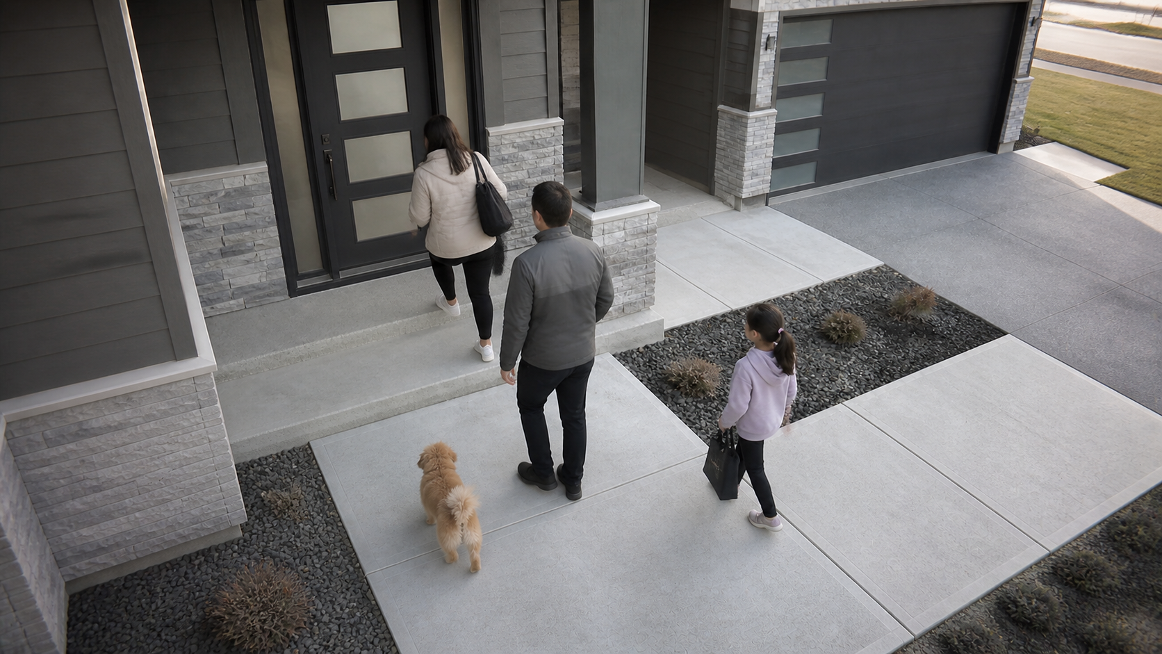 Family arriving home viewed through AOVIEW
